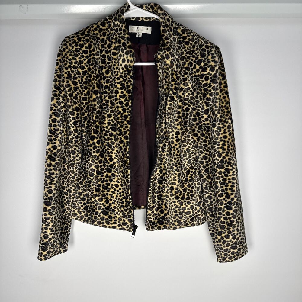 Trio NY Faux Fur Jacket Leopard Full Zipper Casual To Dressy Size 6